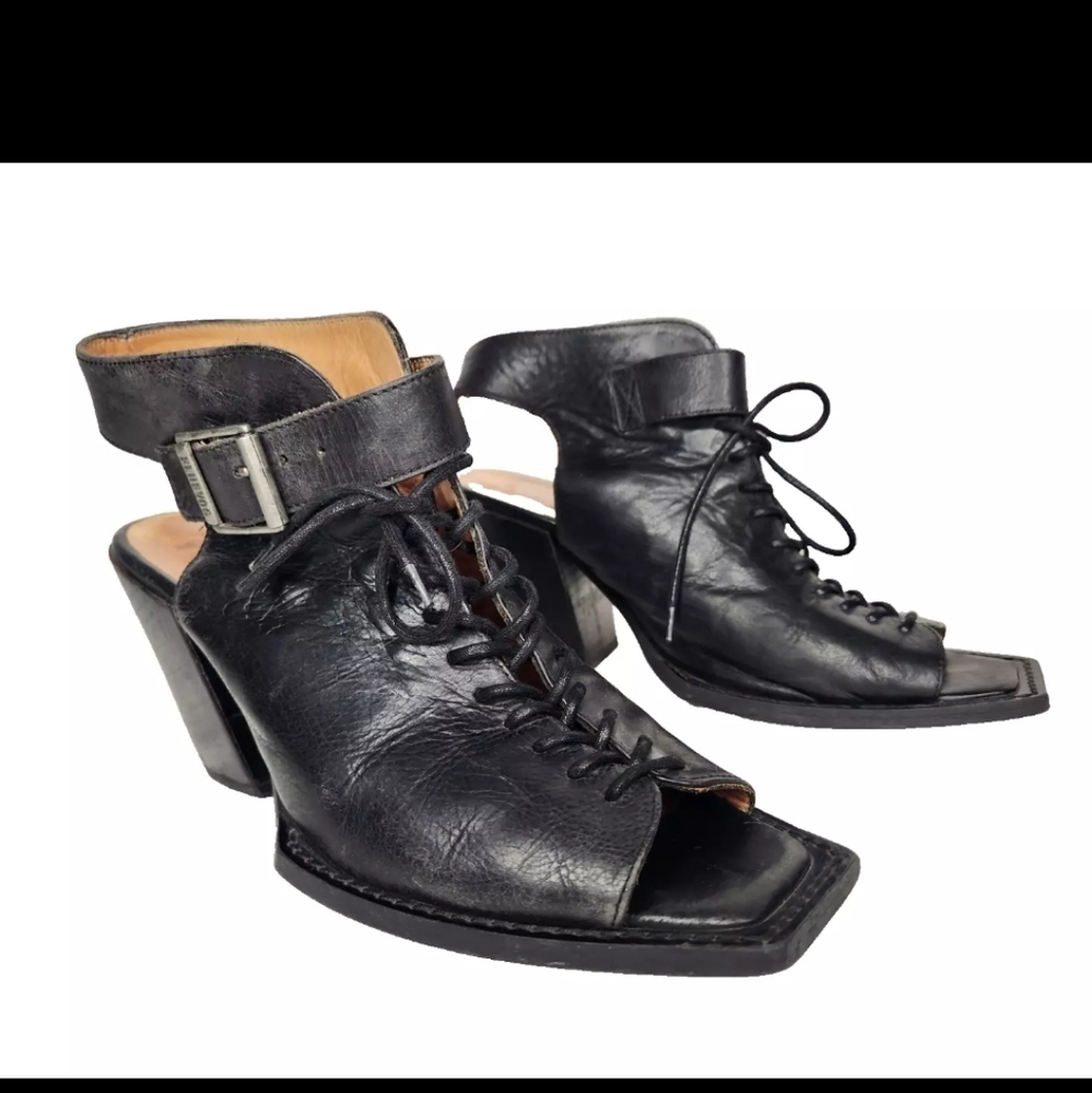 John Fluevog Lace Up Black Leather Shoes Open Toe Heels & Buckle size 10